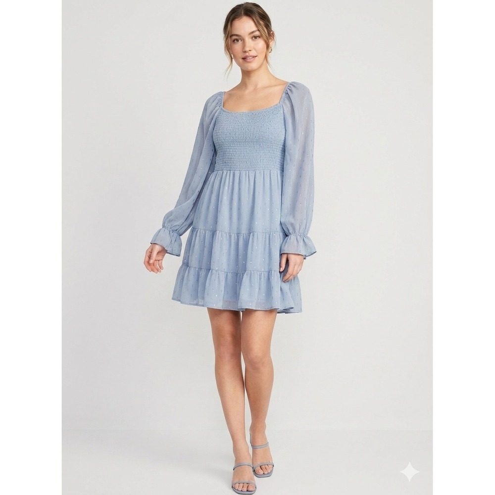 Altar'd‎ State Blue Smocked Fairy Dainty Feminine Silver Boho Dot Square Neck L